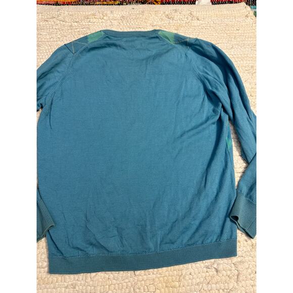 VINTAGE 80's BALLANTYNE SCOTLAND MERINO WOOL TURQUOISE ARGYLE VEE NECK SWEATER - Picture 3 of 5